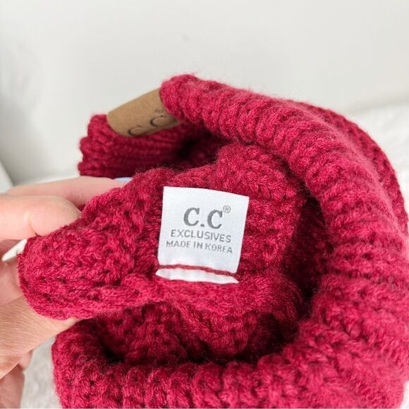 C.C Dark Crimson Red Ponytail Cable Knit Beanie Hat - Picture 6 of 8